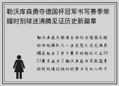勒沃库森勇夺德国杯冠军书写赛季荣耀时刻球迷沸腾见证历史新篇章